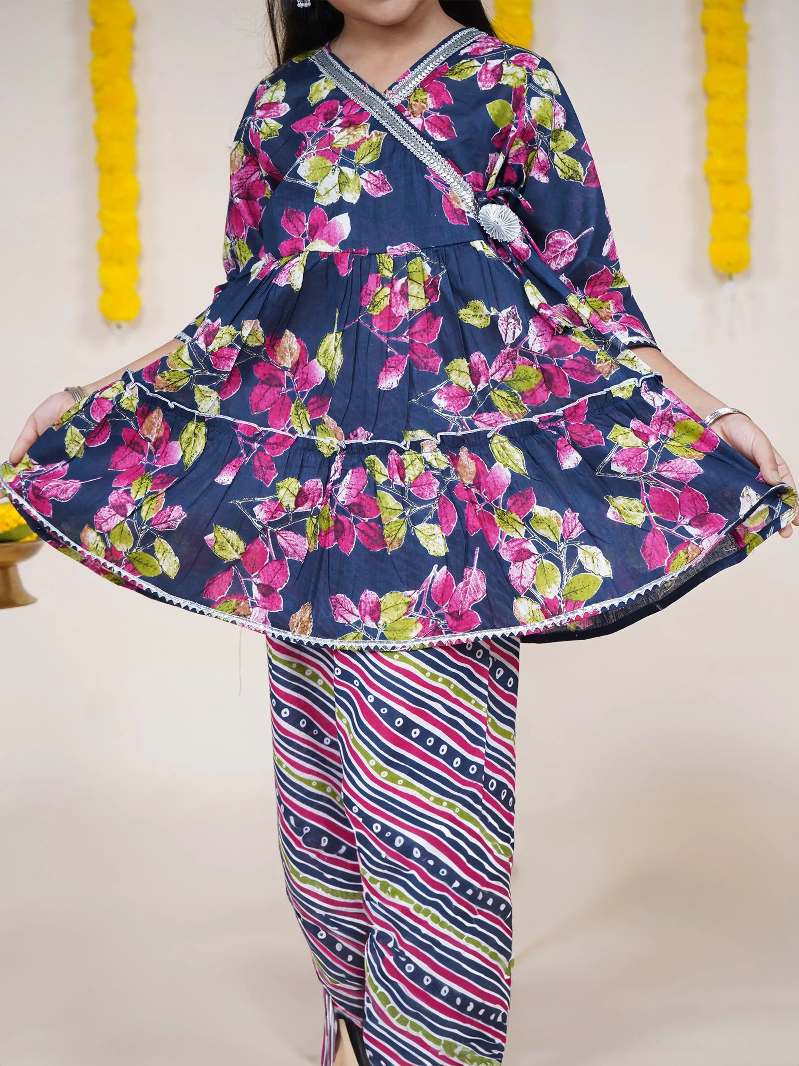 Girls Floral Printed Kurta With Geometric Printed Sharara & Potli Set